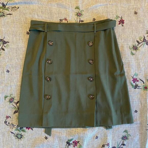 LOFT Double Breasted Mini Skirt Green Sz 8 Button Belted Knee Length Academia - Picture 1 of 5